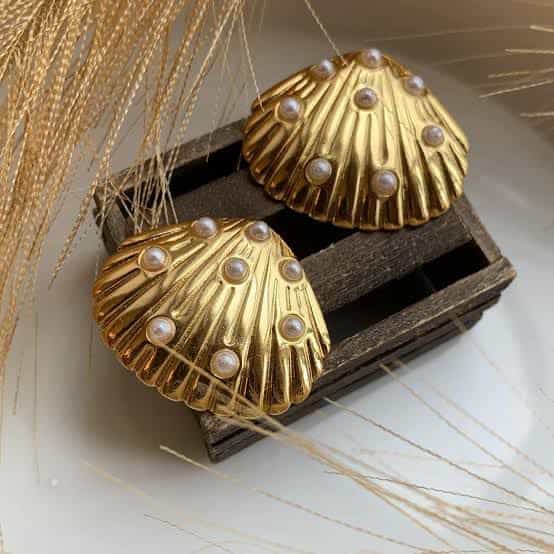 Pearl-Embellished Gold Seashell Earrings