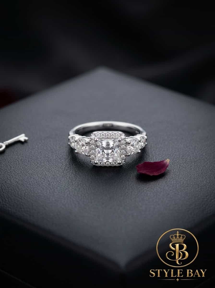 Princess-Cut Three-Stone Halo Ring